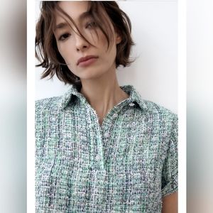 Zara textured tweed top with pearl beads buttons size XS short sleeves